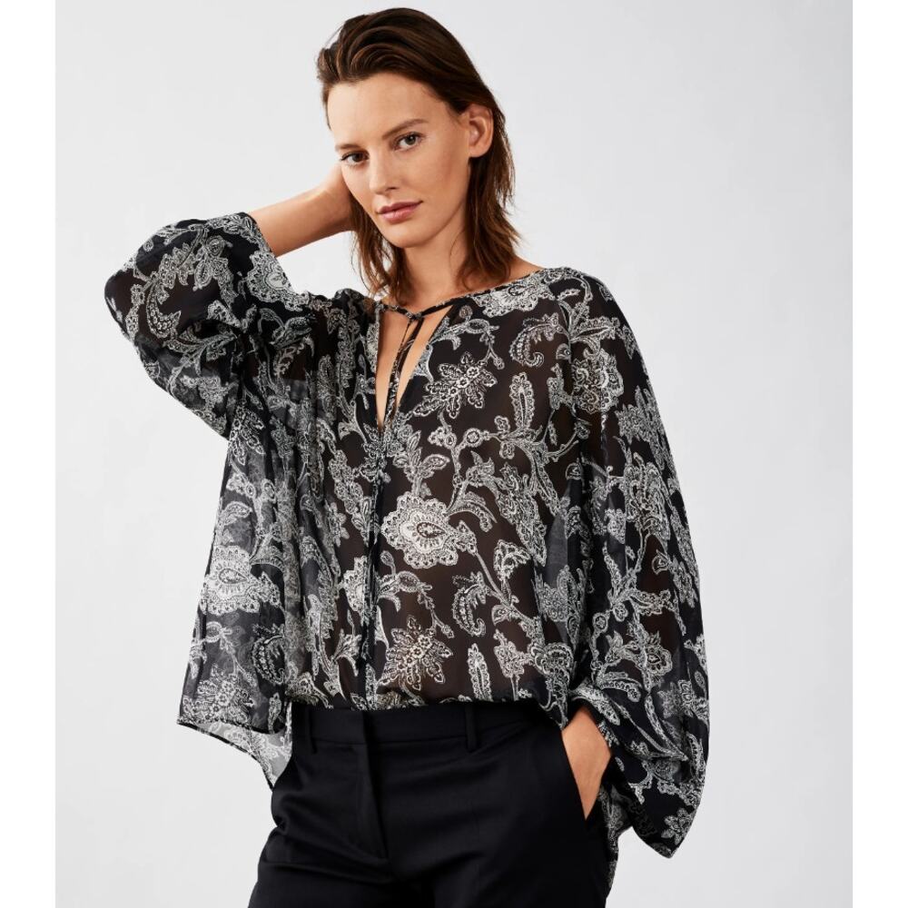 Nili Lotan | Acadia Black Paisley Bohemian Sheer Silk Blouse XS